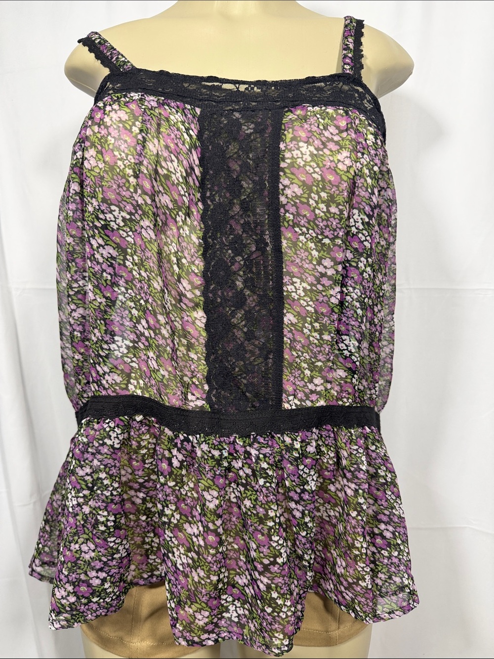 Floral Lace-Trim Sleeveless Peplum Top - Purple & Green